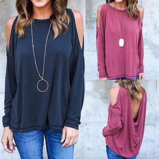 Plain Open Back Cutout Shoulder Long-sleeve Top