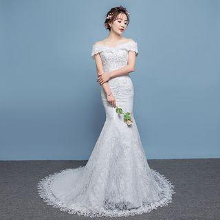 Off Shoulder Embroidered Mermaid Wedding Gown / Set