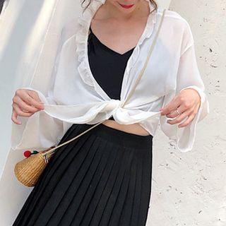 Ruffle-hem Open-front Chiffon Cardigan Cardigan - White - One Size