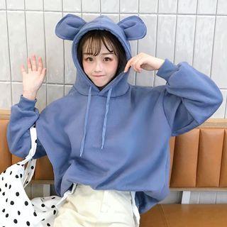 Mock Two-piece Animal Ear Hoodie Blue - One Size