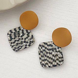 Checker Alloy Dangle Earring 1 Pair - Brown & Black - One Size