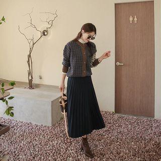 Color-block Houndstooth Boxy Cardigan