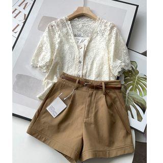 V-neck Lace Blouse / Wide-leg Shorts