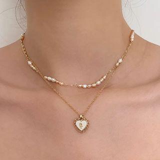 Heart Pendant Freshwater Pearl Layered Necklace Gold & White - One Size