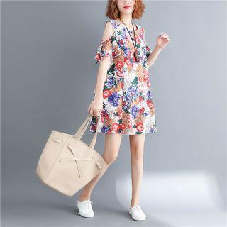 Short-sleeve Cold Shoulder Printed Mini Dress