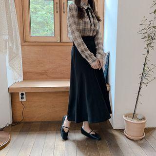 Ribbon Plaid Blouse / Plain High-waist Midi A-line Dress