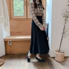 Ribbon Plaid Blouse / Plain High-waist Midi A-line Dress