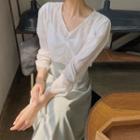 3/4-sleeve V-neck Blouse / Midi A-line Skirt