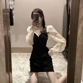 Puff-sleeve Plain Blouse + Spaghetti-strap Slim Fit Dress