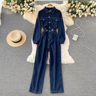 Lapel Long-sleeve Denim Jumpsuit