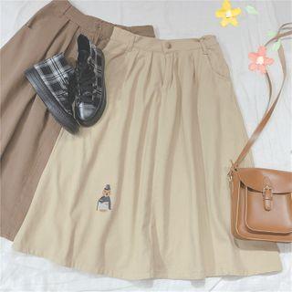 Bear Embroidered Midi A-line Skirt