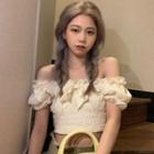 Off-shoulder Puff-sleeve Bow-front Ruched Cropped Blouse Beige - One Size