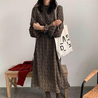 Bell-sleeve Midi Floral A-line Dress Black - One Size