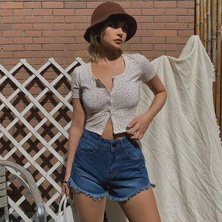 Button-down Floral Crop T-shirt