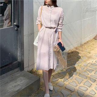 Mandarin-collar Striped Shirtdress With Sash Beige - One Size