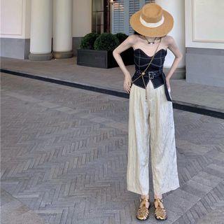 Strapless Belted Denim Camisole Top / Wide Leg Pants