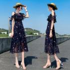 Cold-shoulder Floral Print Midi A-line Chiffon Dress