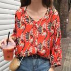 Long-sleeve Floral Blouse Red - One Size