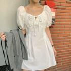 Plain Tie-neck Short-sleeve Mini Dress White - One Size