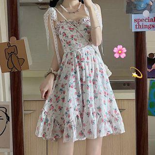 Tie-strap Floral Print Ruffled Mini A-line Dress