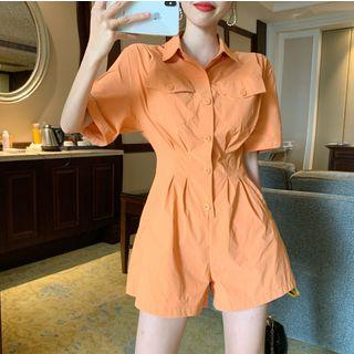 Plain Single-breasted Short-sleeve Jumper Shorts