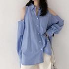 Pinstriped Cold-shoulder Long-sleeve Shirt Stripe - Blue - One Size