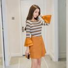 Set: Striped 3/4 Sleeve Knit Top + Buttoned A-line Skirt