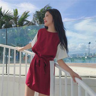 Color Panel Elbow Sleeve Tie Waist Dress