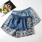 Embroidered Denim Wide Leg Shorts