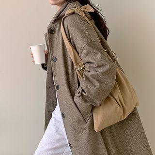 Detachable-hooded Herringbone Long Coat Brown - One Size