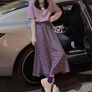 Turtleneck Long-sleeve Mesh Top / Short-sleeve T-shirt / Floral Midi A-line Skirt / Set