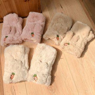 Embroidered Carrot Chenille Fingerless Gloves
