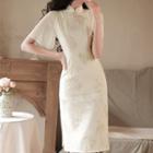 Short-sleeve Floral Print Lace Bodycon Dress