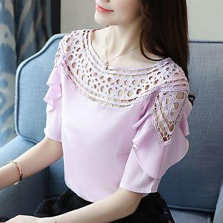 Elbow-sleeve Perforated Chiffon Blouse