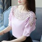 Elbow-sleeve Perforated Chiffon Blouse