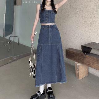 Button-up Cropped Camisole Top / High-waist A-line Denim Mini Skirt / High-waist A-line Denim Maxi Skirt