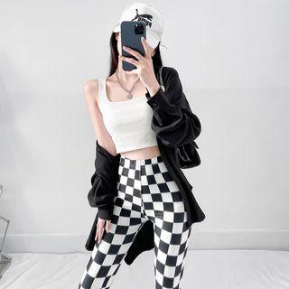 High-waist Plaid Skinny Pants Black - One Size