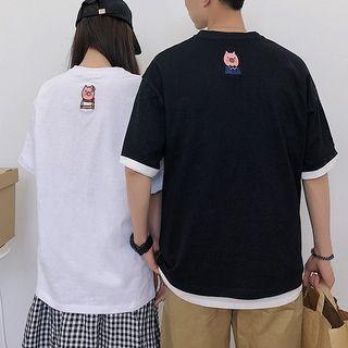 Couple Matching Short-sleeve Pig Embroidered T-shirt
