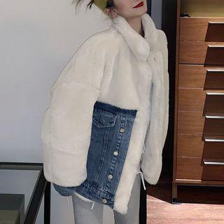 Denim Panel Faux-fur Open Front Jacket