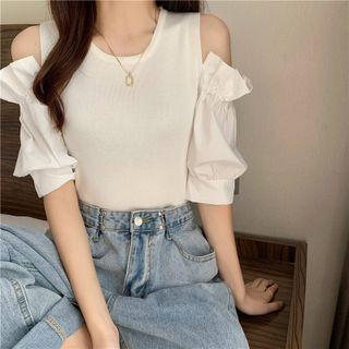 Cold Shoulder Knit Panel Blouse