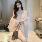 Faux Pearl Strap Cold-shoulder A-line Mesh Dress As Shown In Figure - One Size