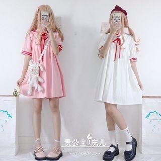 Collared Elbow-sleeve A-line Dress