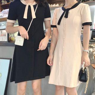 Short-sleeve Tie-neck A-line Knit Dress