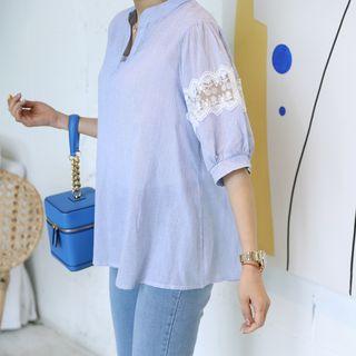 Open-placket Lace-detail Striped Top