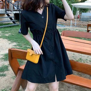 Short-sleeve Buttoned A-line Dress As Shown In Figure - One Size
