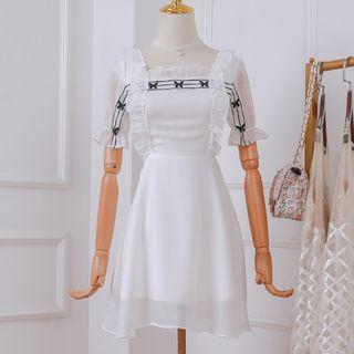 Butterfly Embroidered Ruffle Trim Short-sleeve Mini A-line Dress