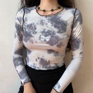 Long-sleeve Cropped Butterfly Print Tie-dye Tee