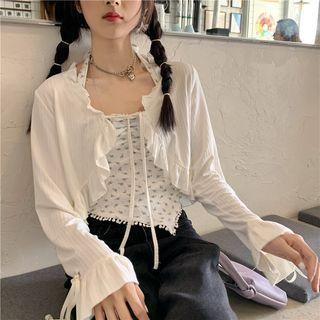 Tie-cuff Ruffle Trim Crop Lightweight Cardigan White - One Size