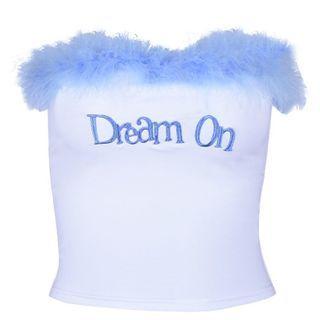 Furry Trim Lettering Embroidered Strapless Top