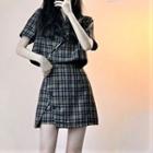 Short-sleeve Plaid Loose Fit Cropped Shirt / High-waist Plaid Slit A-line Skirt / Set